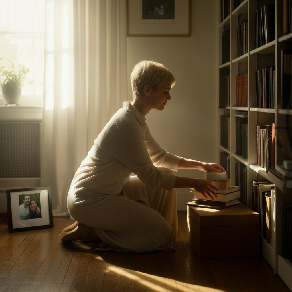 A bright, airy living room. Soft natural light streams in through a window, illuminating dust motes dancing in the air. A woman with short blonde hair is kneeling by a bookshelf, carefully sorting through books with a cloth-covered box beside her. A partially visible framed photo shows a family smiling. The room feels clean and minimal, yet warm.