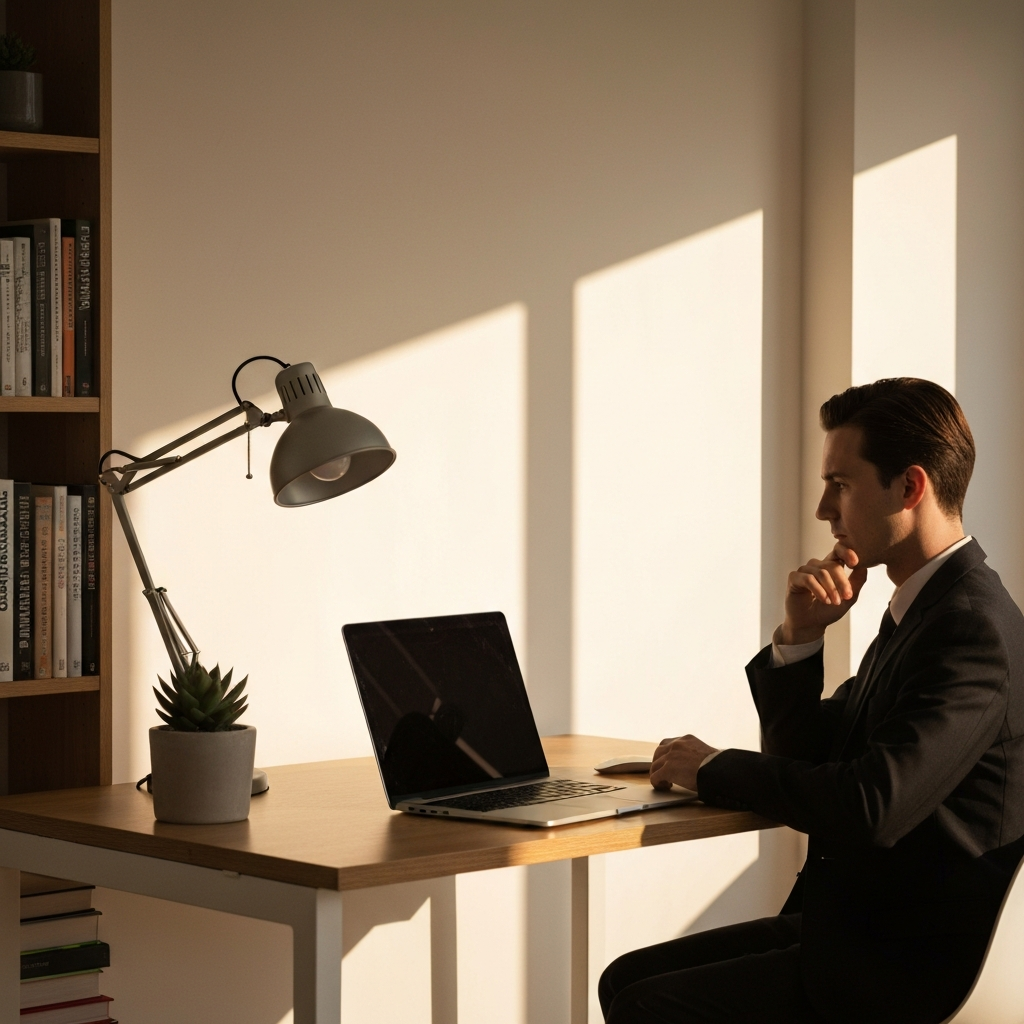 A home office bathed in warm, golden-hour light. A laptop sits on a clean wooden desk, with a potted succulent and a minimalist desk lamp. Books are neatly arranged on a nearby shelf. The overall impression is of a focused and productive workspace.