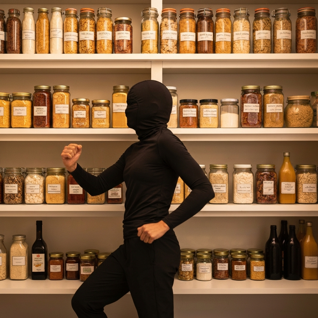 A well-organized pantry. Jars and containers of various sizes are neatly arranged on shelves. Labels are clearly visible. The lighting is bright and even, showcasing the variety of food items.