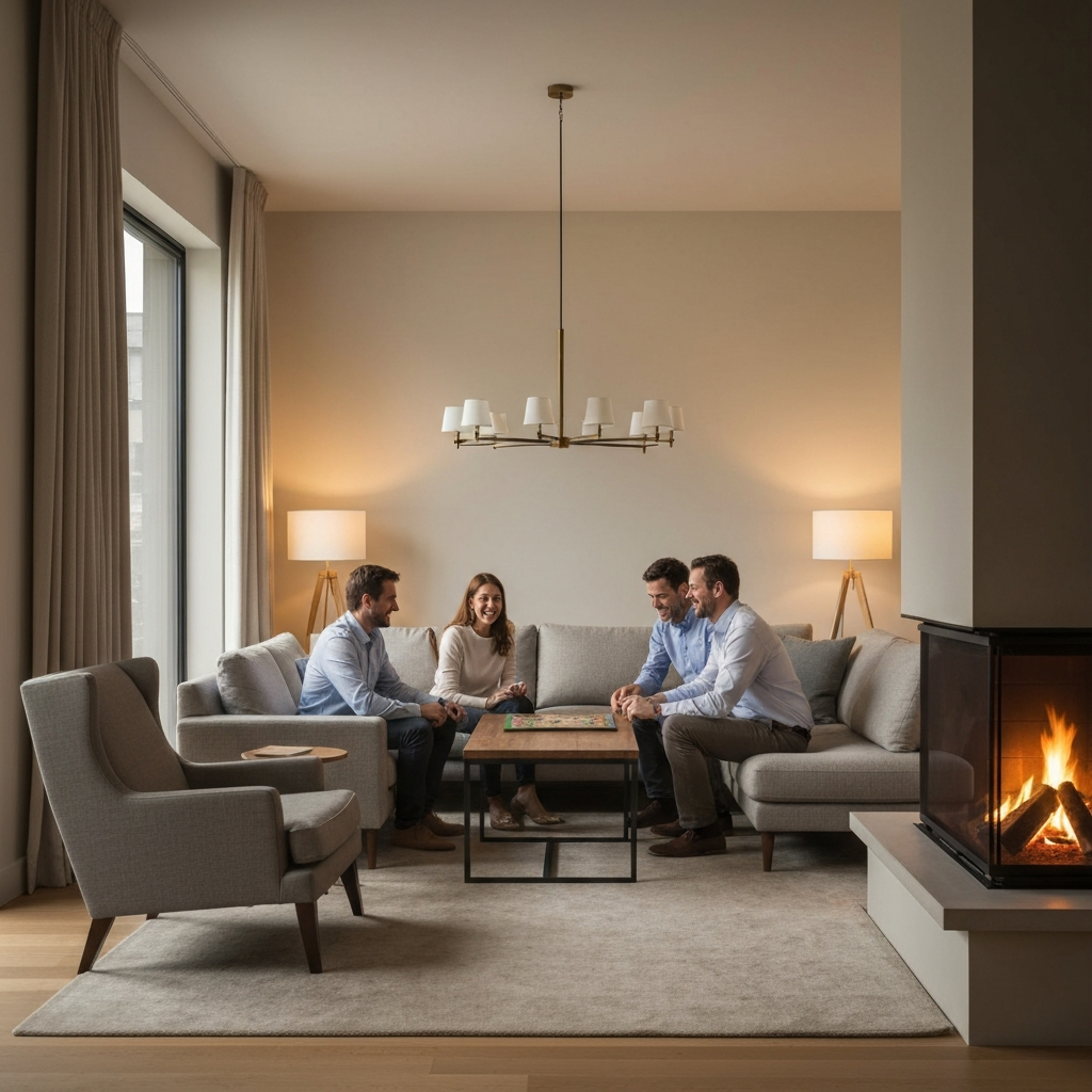 A warm and inviting living room with soft lighting from lamps. A comfortable sofa and armchairs are arranged around a coffee table. A family is gathered around the table, playing a board game and laughing. A lit fireplace adds to the cozy atmosphere.