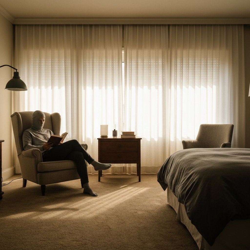 A bedroom with soft, diffused natural light. A person is sitting in a comfortable armchair, reading a book. The room is decorated in calming colors, and there are no visible distractions.