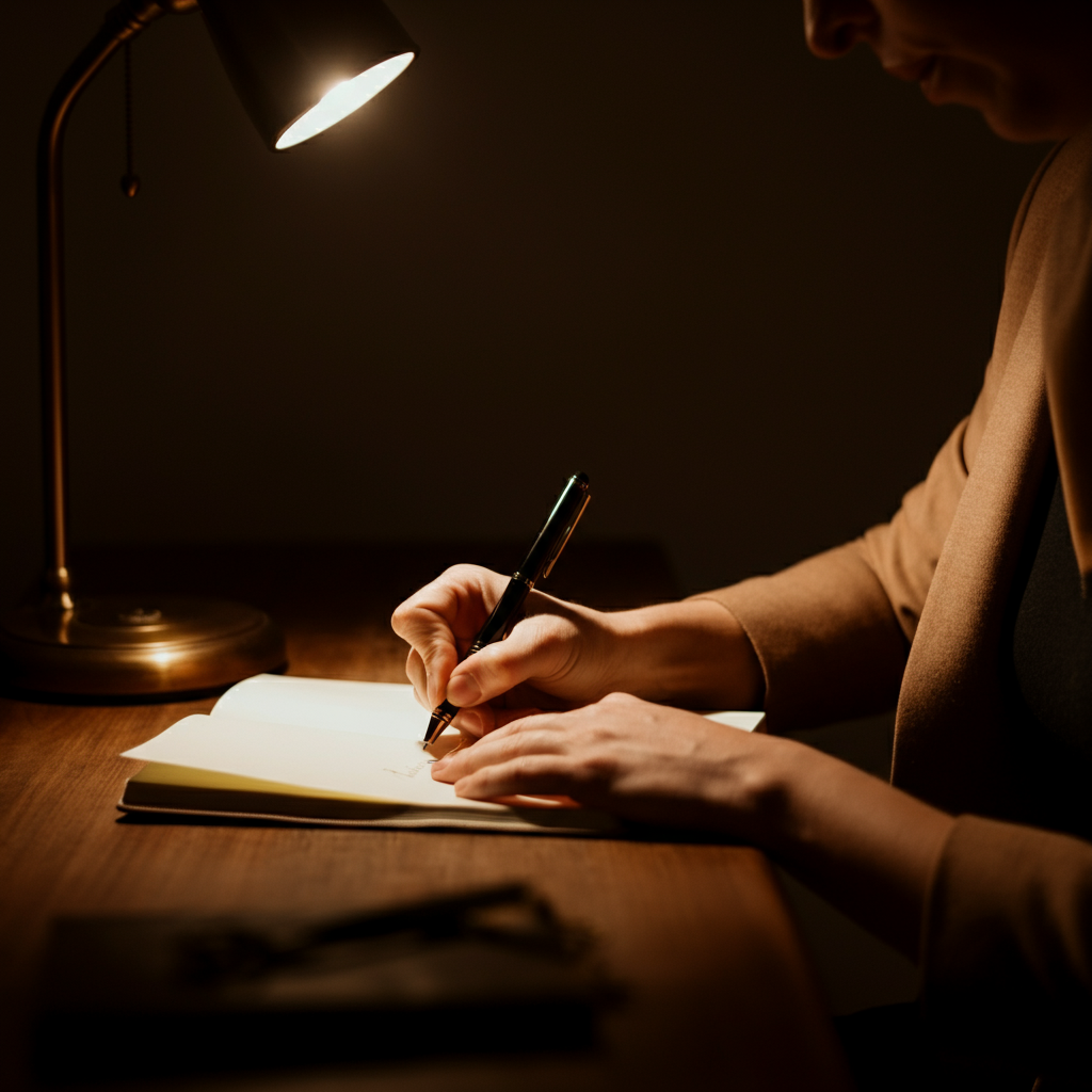 A softly lit home office. A person sits at a wooden desk, writing in a journal with a pen. A warm lamp illuminates the paper, casting a gentle glow on their face. Focus is on the hand writing in the journal.