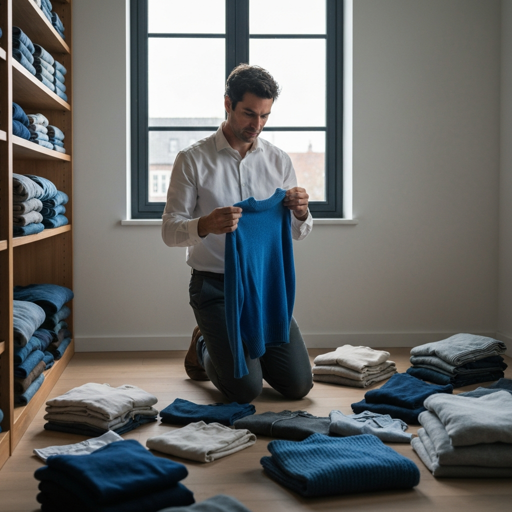 A person is kneeling on the floor, surrounded by neatly folded clothes. Natural light streams in from a nearby window, illuminating the textures of the fabrics. The person is holding a blue sweater, examining it thoughtfully.