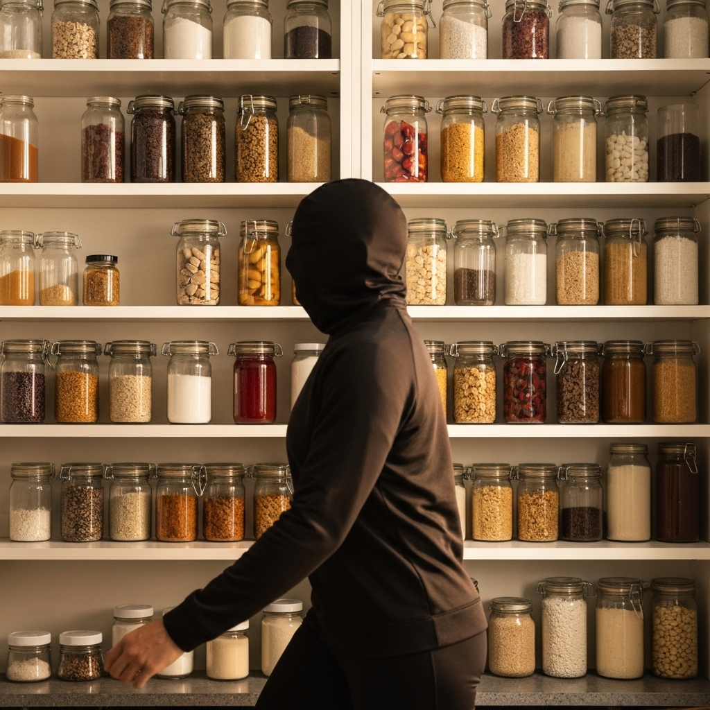 A well-organized pantry. Glass jars and containers are neatly arranged on shelves. The lighting is soft and even, highlighting the different colors and textures of the food items.