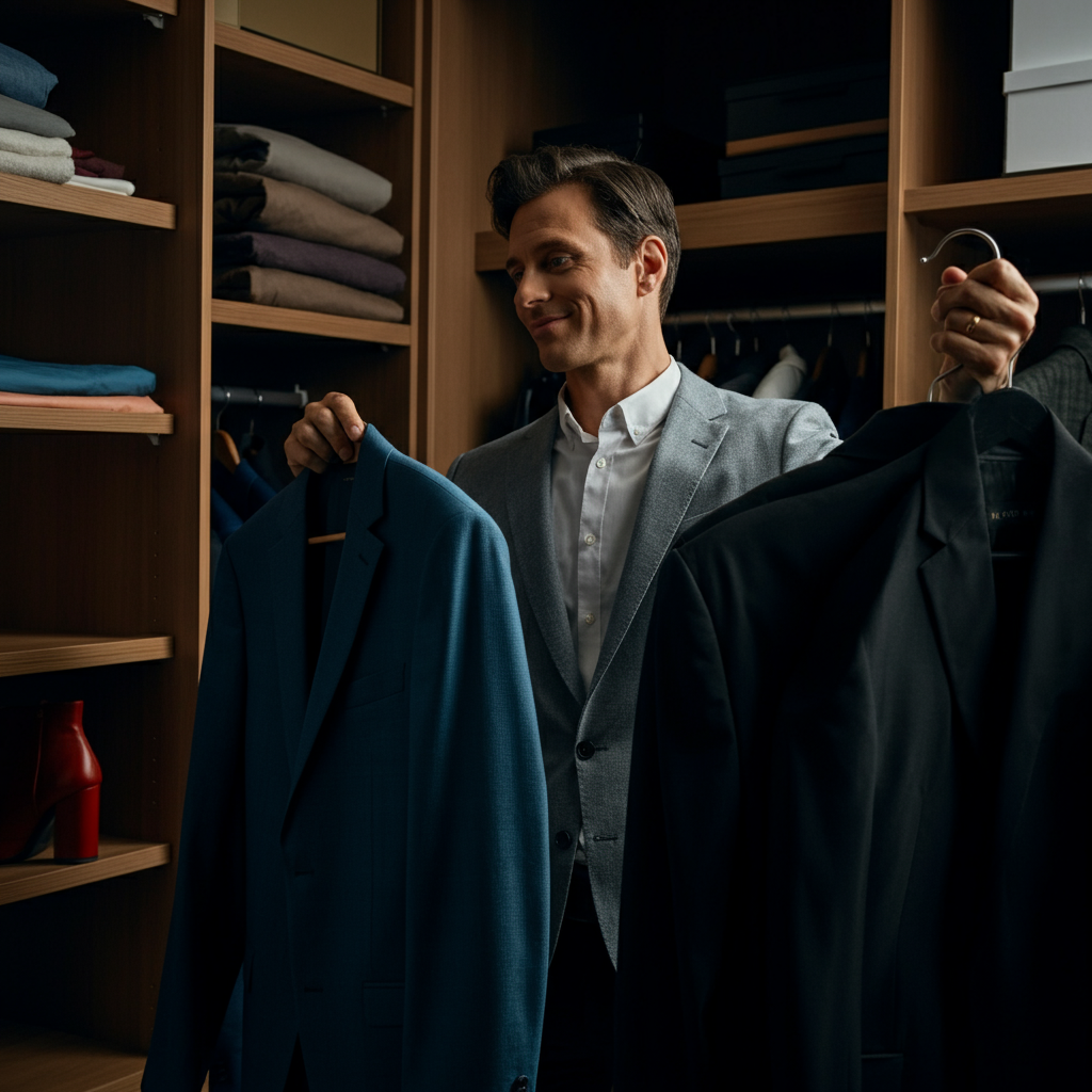 A person is standing in front of a closet, holding a new jacket in one hand and an old jacket in the other. The closet is organized and well-lit. The person is smiling slightly, looking thoughtful.