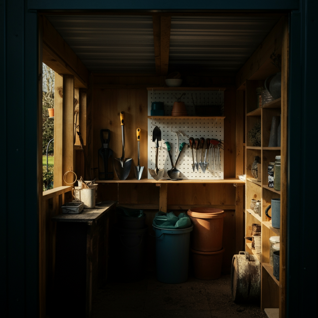 A garden shed interior. Tools are hanging neatly on a pegboard, and pots are stacked on shelves. Sunlight streams through the open door, illuminating the organized space.