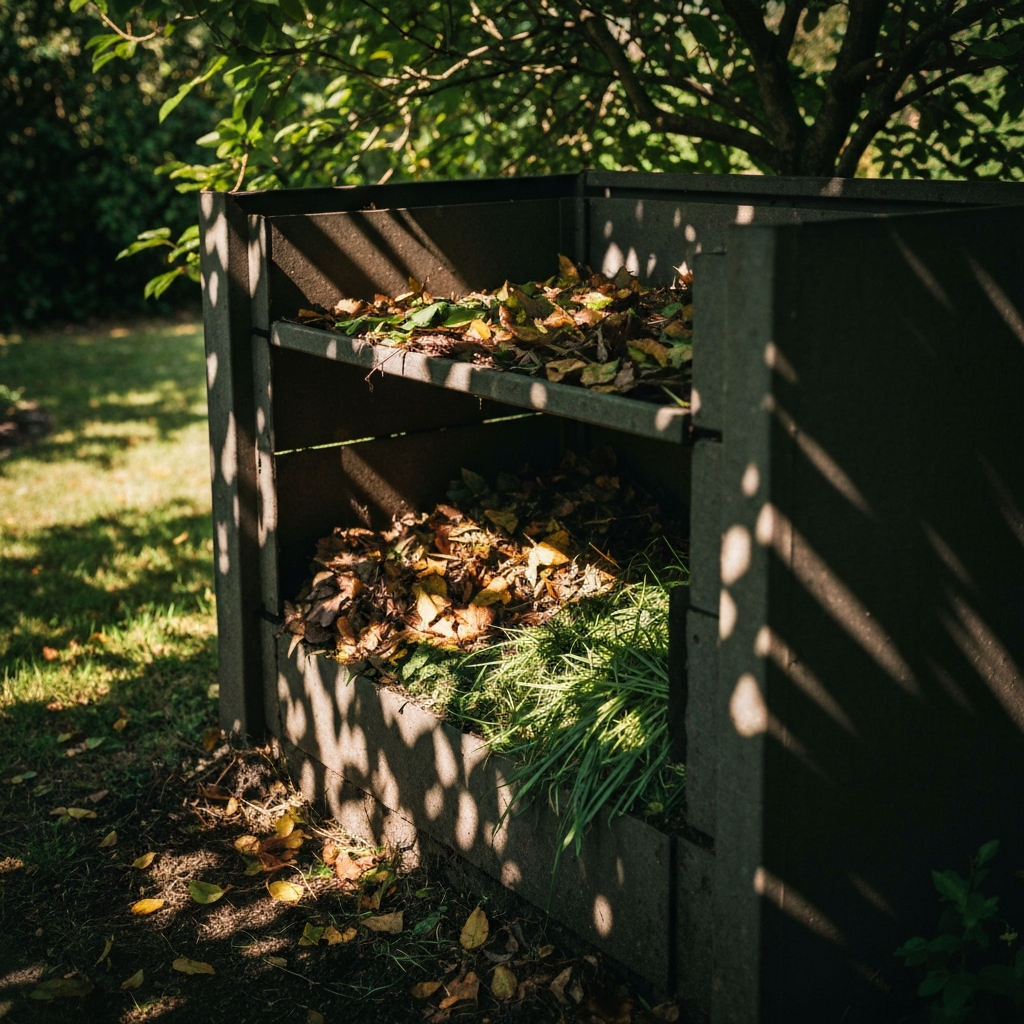 A compost bin in a garden. Leaves, grass clippings, and other organic matter are visible inside the bin. Sunlight filters through the trees, casting dappled shadows on the compost bin.