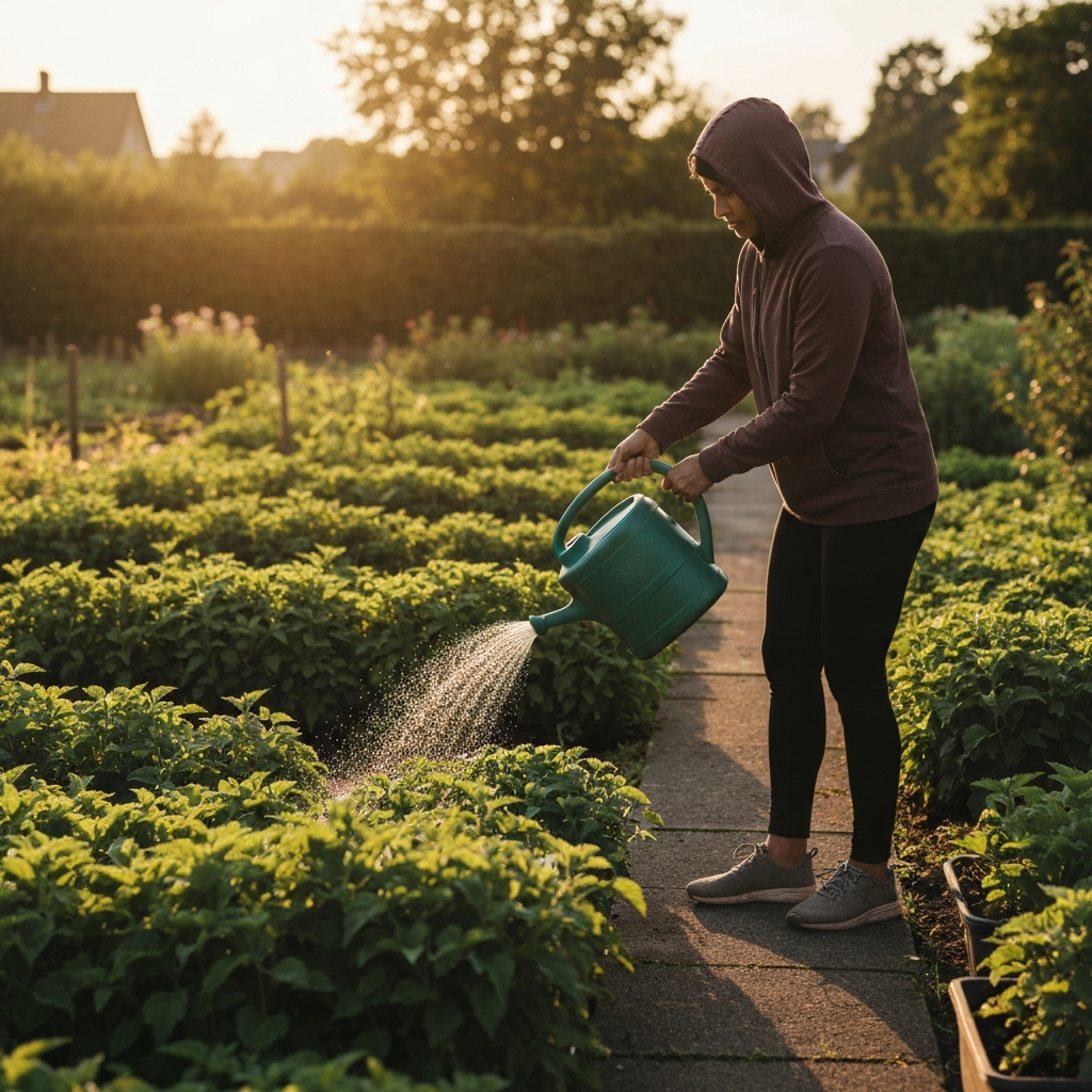 A person is watering plants in a well-maintained garden. The plants are lush and healthy, and the garden is free of weeds. Golden hour lighting bathes the scene in a warm glow.