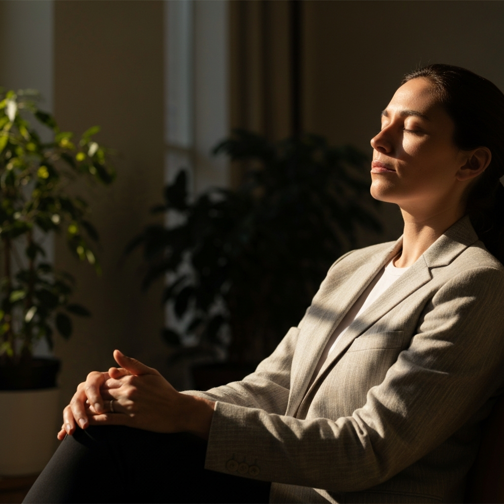 A person sitting comfortably in a sunlit room, eyes closed, hands resting gently in their lap. Soft bokeh of plants in the background. Golden hour lighting creates warm shadows.