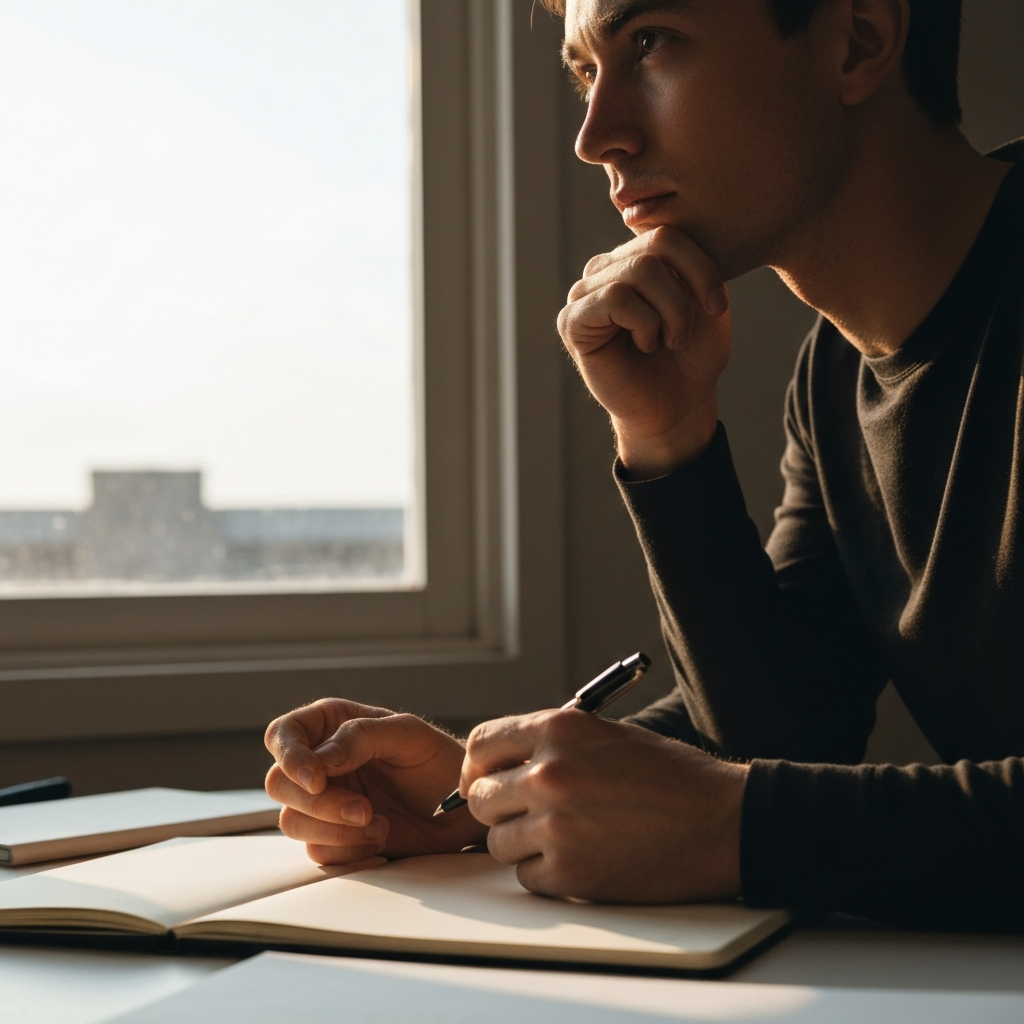 A person sitting at a desk, looking thoughtfully at a blank notebook. Natural light from a window illuminating their face. Close-up on their hands holding a pen.