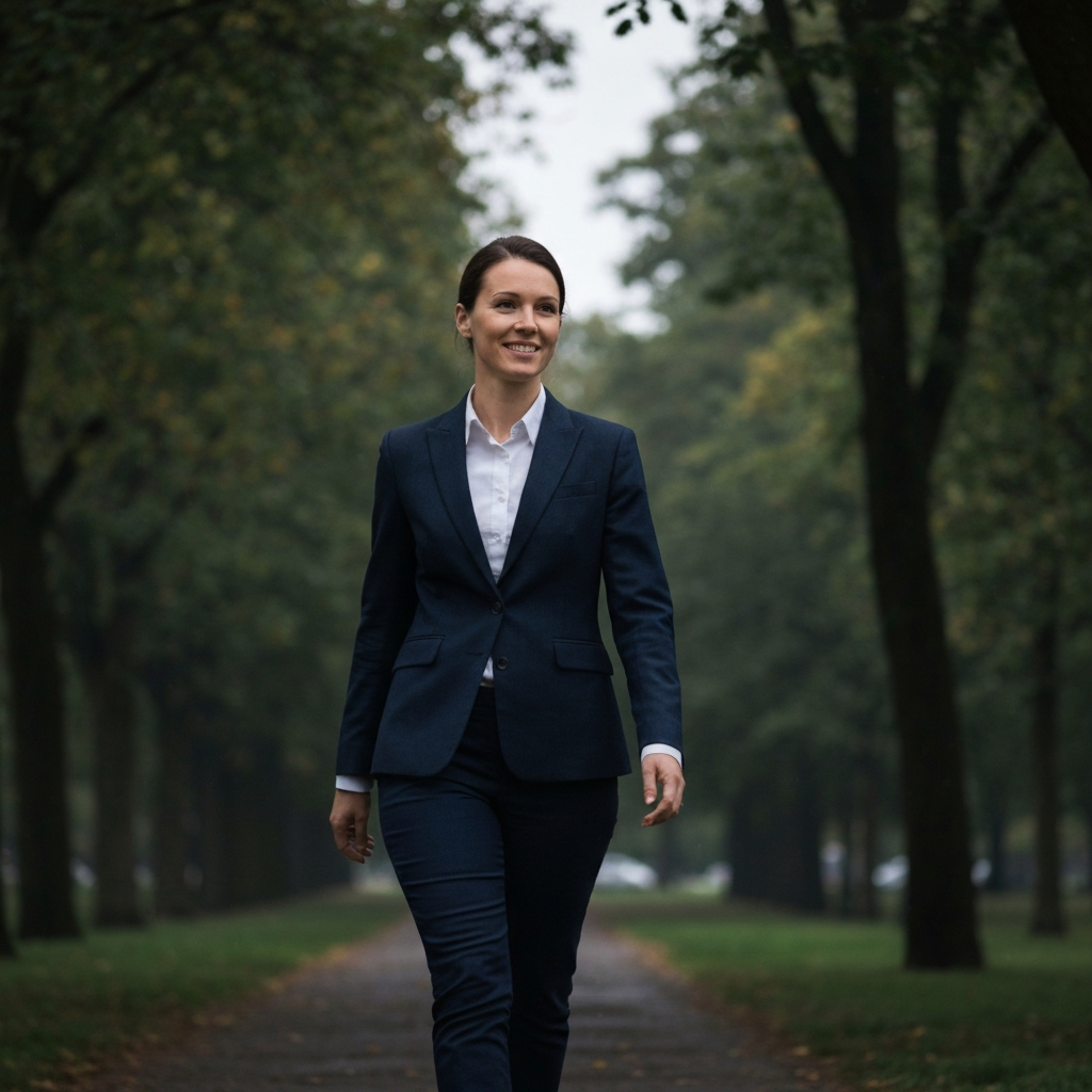 A person walking in a park, surrounded by trees and greenery. Soft, overcast lighting creating a peaceful atmosphere. The person is smiling gently, lost in their own thoughts.