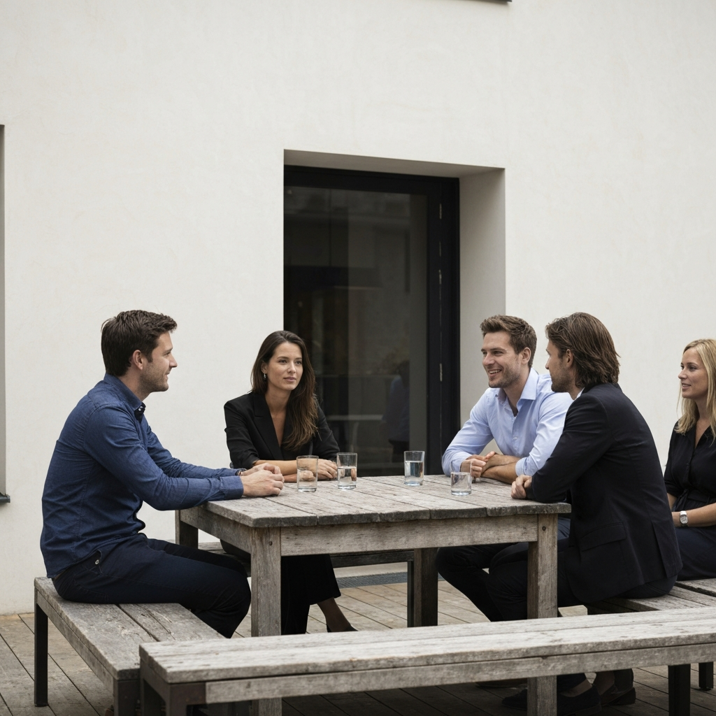 A group of friends sitting around a rustic wooden table at an outdoor cafe. The lighting is late afternoon, casting long shadows and highlighting the texture of the weathered wood. The friends are engaged in conversation, their expressions animated and relaxed. Professional clothing is visible and no one is wearing less.