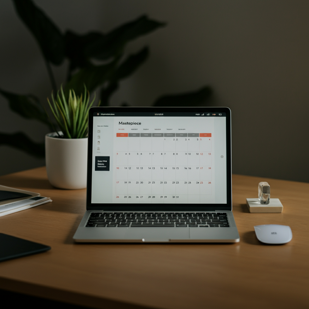 A minimalist desk setup. A sleek laptop is open to a digital calendar app. A small, potted succulent adds a touch of green. The lighting is clean and bright, highlighting the smooth surfaces and organized arrangement. The calendar shows a busy schedule but has small gaps available for rest.