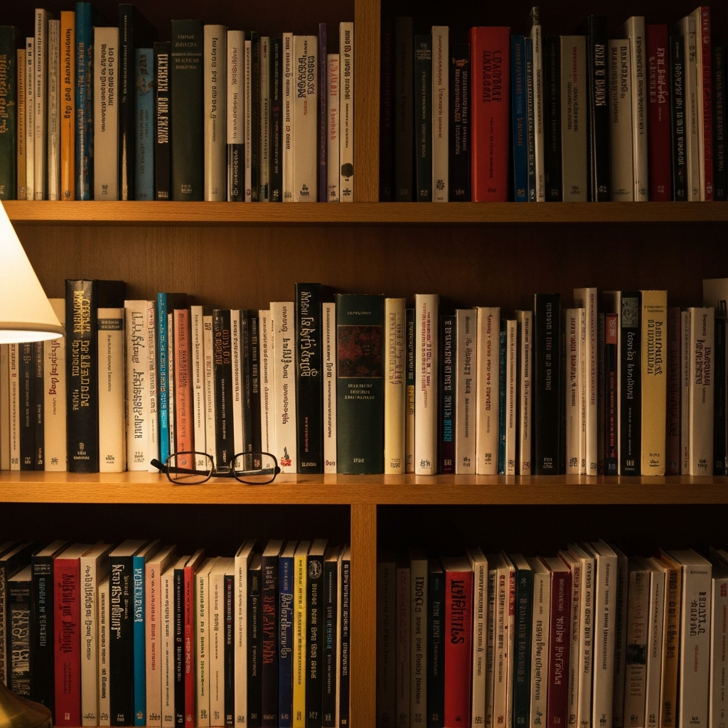 A well-stocked bookshelf with a variety of books on different subjects. The lighting is warm and inviting, highlighting the textures of the book covers and the wooden shelves. A pair of reading glasses rests on top of one of the books. Soft light from a nearby lamp illuminates the scene.
