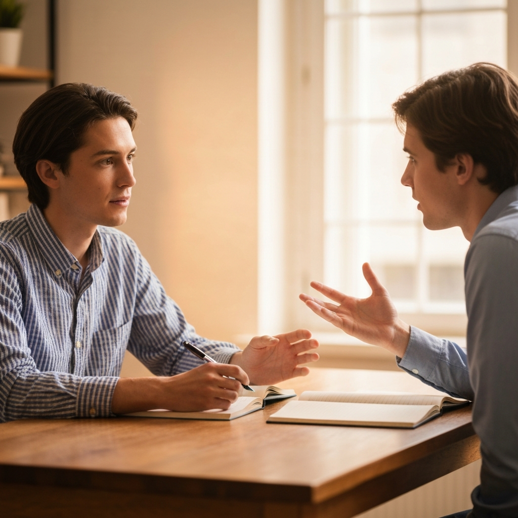 A warmly lit study room. Two students sit across from each other at a wooden table, one listening attentively, pen in hand, the other gesturing while speaking. Soft bokeh in the background.