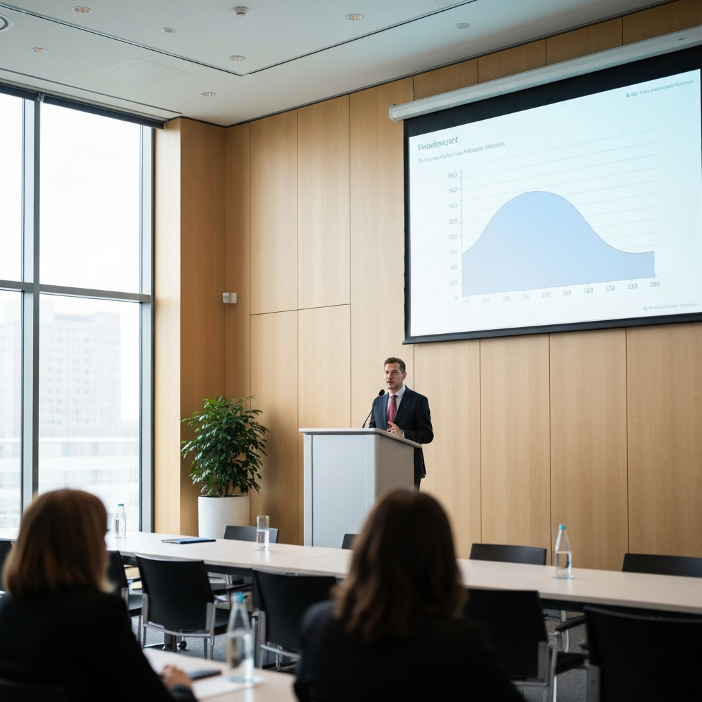 A professionally dressed speaker stands at a podium in a conference room, delivering a presentation. A screen behind them displays a clear graph. The scene is brightly lit, emphasizing professionalism and clarity.