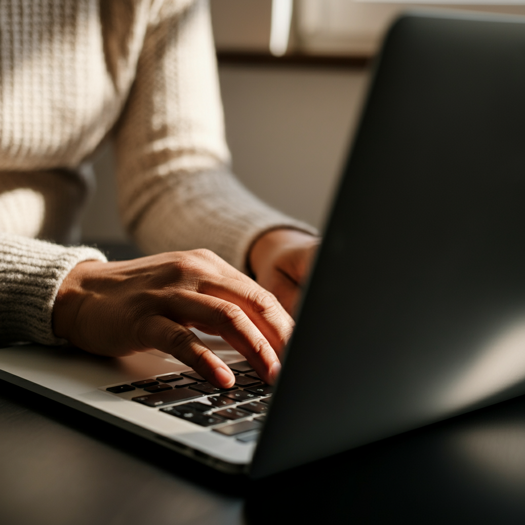 A close-up shot of a person's hands typing on a laptop in a well-organized office. Natural light filters through a window, creating a warm and inviting atmosphere.