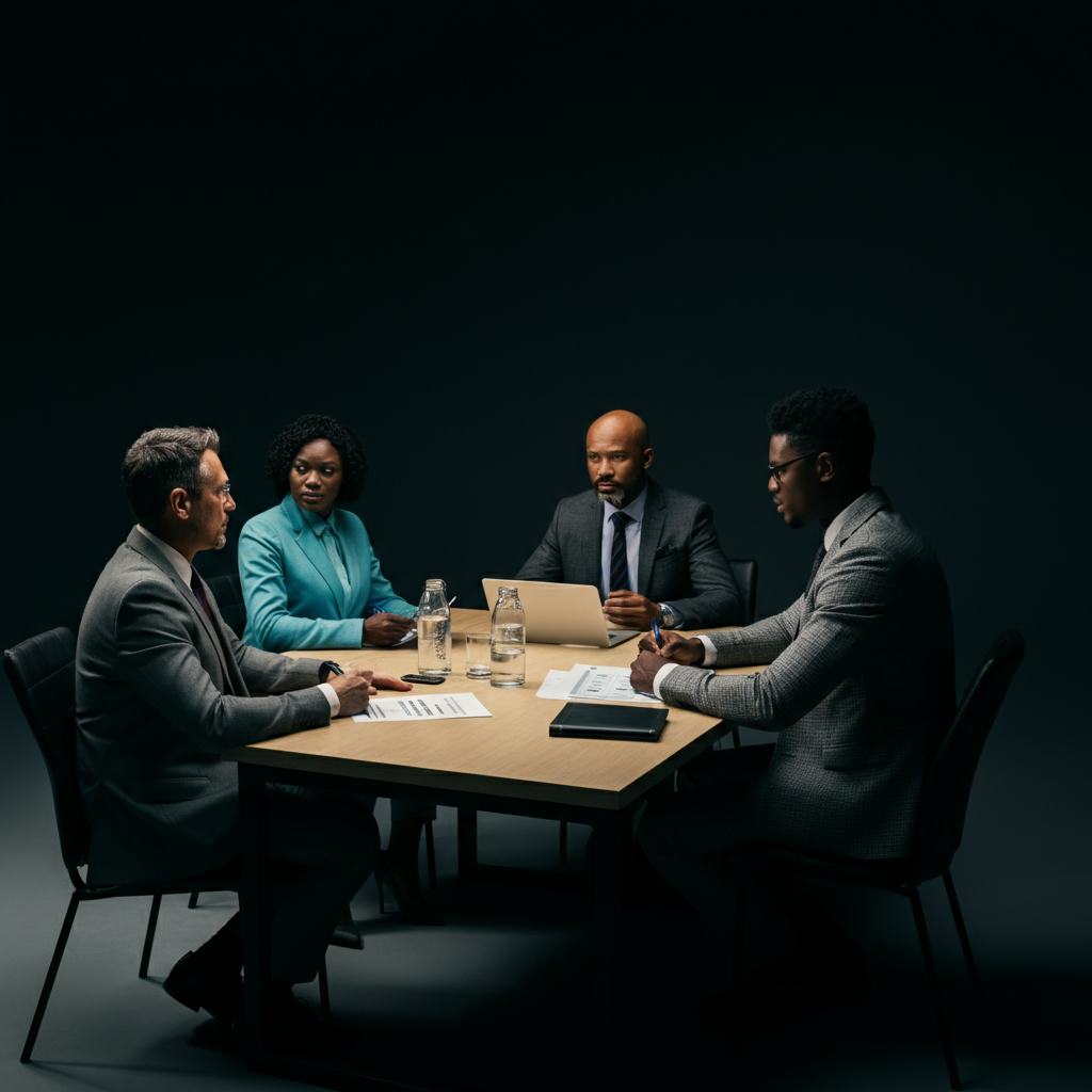 A meeting in a brightly lit modern office. Four professionals sit around a table, engaging in discussion. Attention to posture and facial expressions conveys engagement and collaboration.