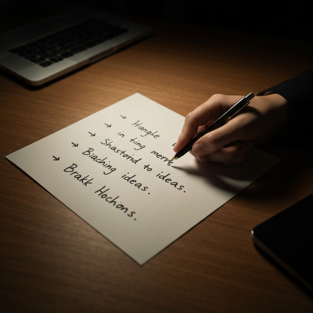A close-up shot of a handwritten note with brainstorming ideas scribbled on it, laid on a textured wooden desk. Soft overhead lighting highlighting the paper's grain.