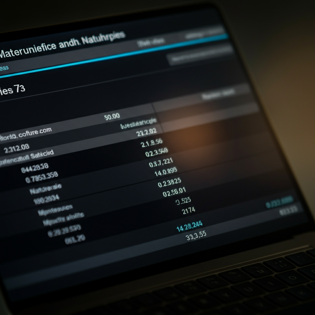 A close-up of a spreadsheet on a computer screen, displaying financial data and graphs. Warm, diffused light reflecting on the screen.