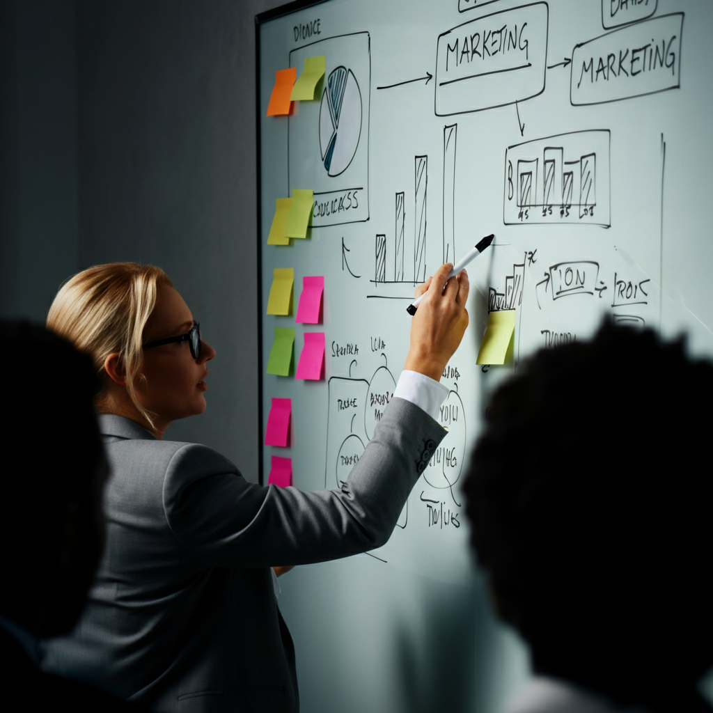 A medium shot of a person presenting a marketing plan on a whiteboard to a team. The whiteboard is filled with diagrams, charts, and sticky notes. Soft, directional lighting focusing on the presenter.