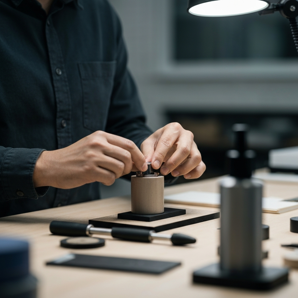A close-up shot of hands assembling a product in a clean, organized workshop environment. Soft, even lighting highlighting the materials and tools.