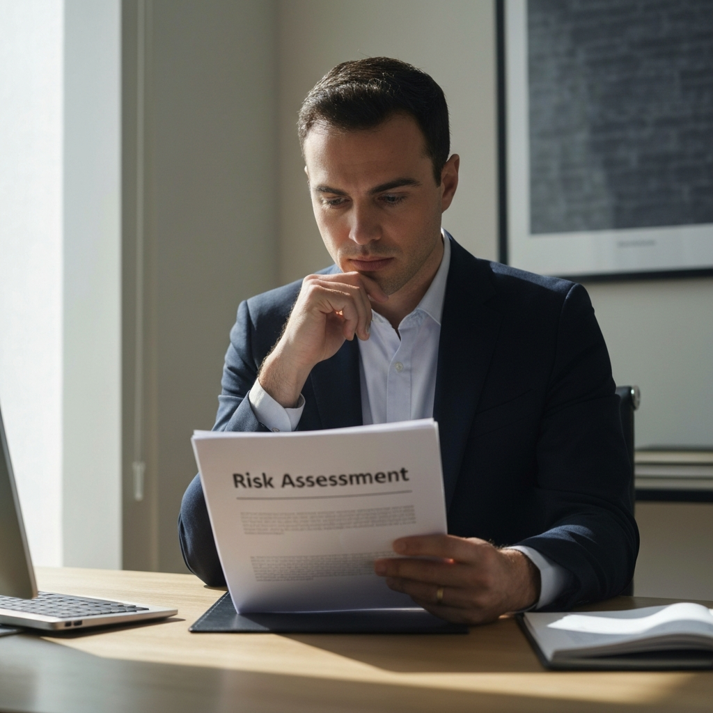 A medium shot of a person sitting at a desk, thoughtfully reviewing a document titled "Risk Assessment". Natural light filtering through a window.