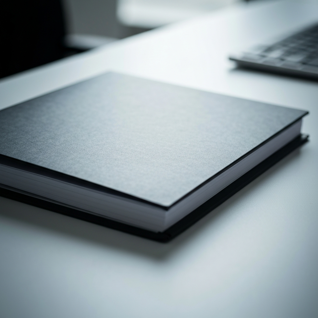 A close-up shot of a professionally bound business plan on a desk. The cover is sleek and modern. Soft, diffused light highlighting the paper's texture.