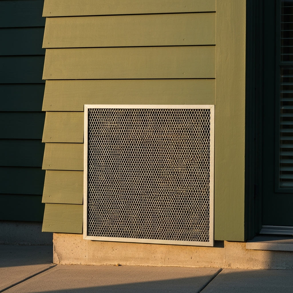 Exterior shot of a house with a metal mesh screen covering a dryer vent. The siding is a muted green color, and the vent is positioned near the ground. Golden hour lighting casts long shadows, highlighting the texture of the mesh.