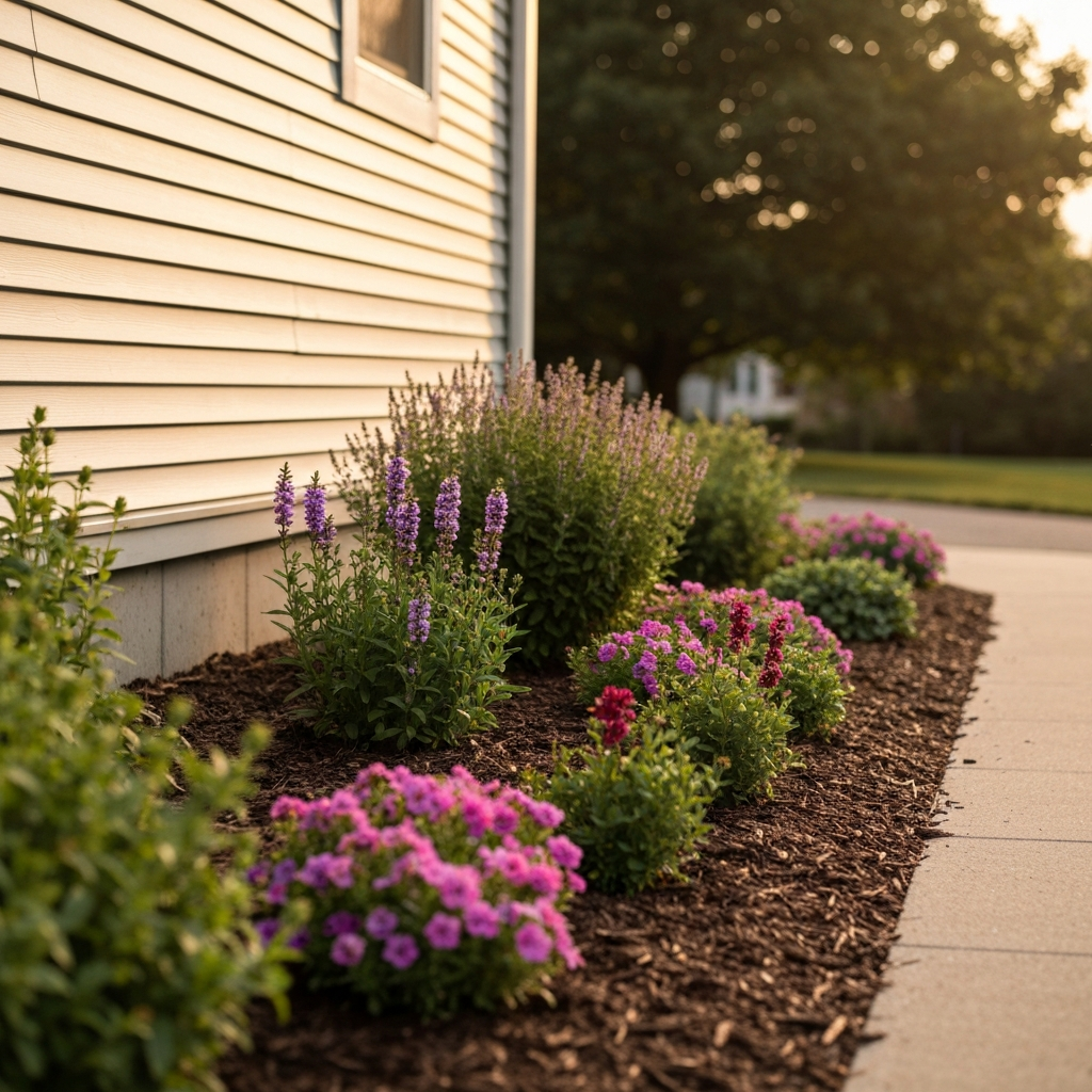 A well-maintained garden bed with a variety of colorful flowers and plants, separated from the house foundation by a border of mulch. Soft bokeh in the background showcases the house's siding.