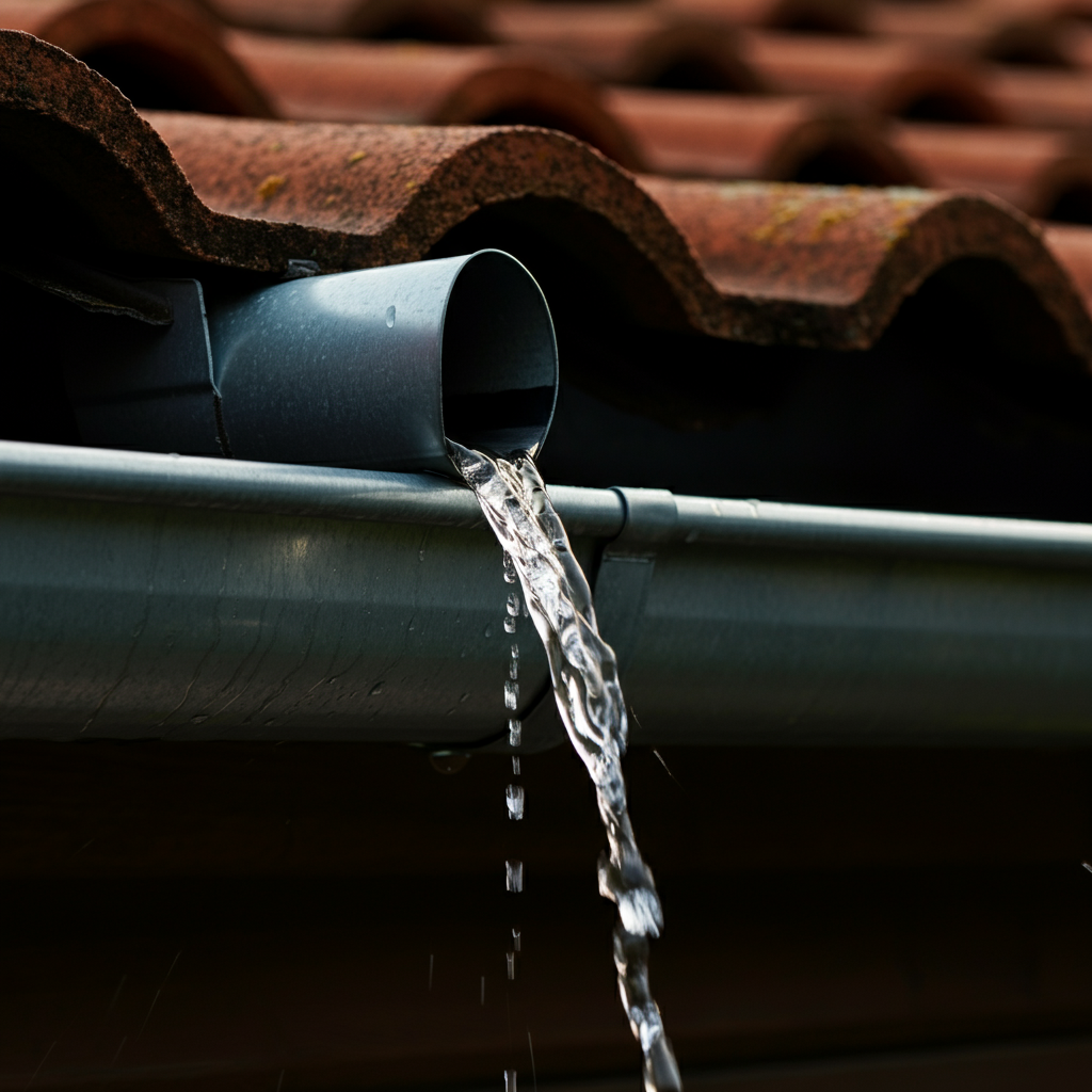 A close-up of a clean and properly draining gutter system on a sunny day. Water is visibly flowing through the downspout. The roof tiles are terracotta, providing a warm contrast to the metal gutter.