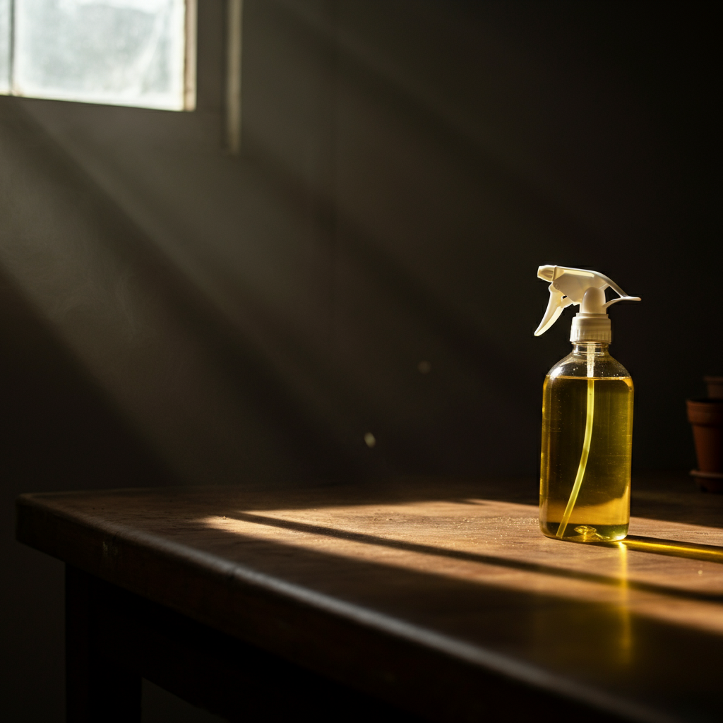 Close up of neem oil spray bottle sitting on a wooden table in a well-lit potting shed. Natural sunlight streams through a nearby window, highlighting dust particles in the air.