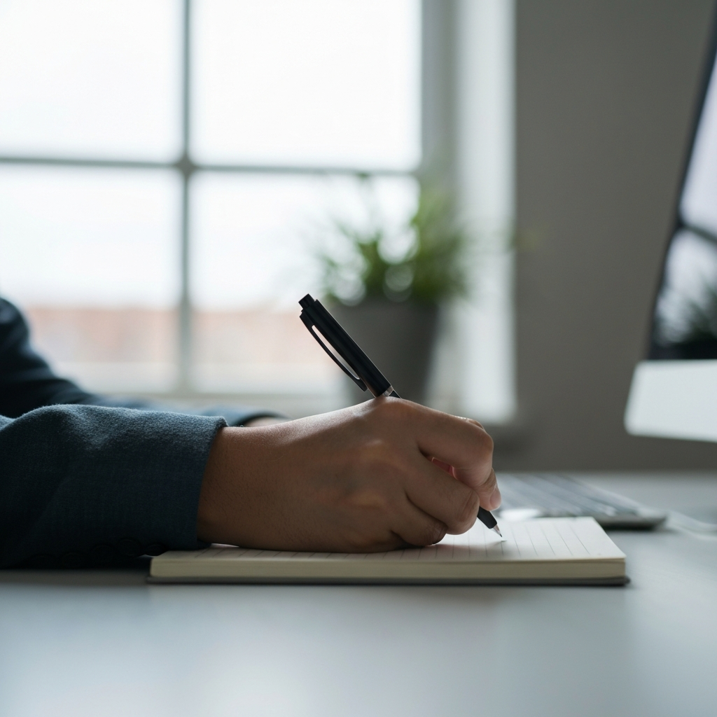A close-up shot of a hand writing in a notebook with a pen, soft natural light coming from a nearby window, blurred background with a computer monitor.