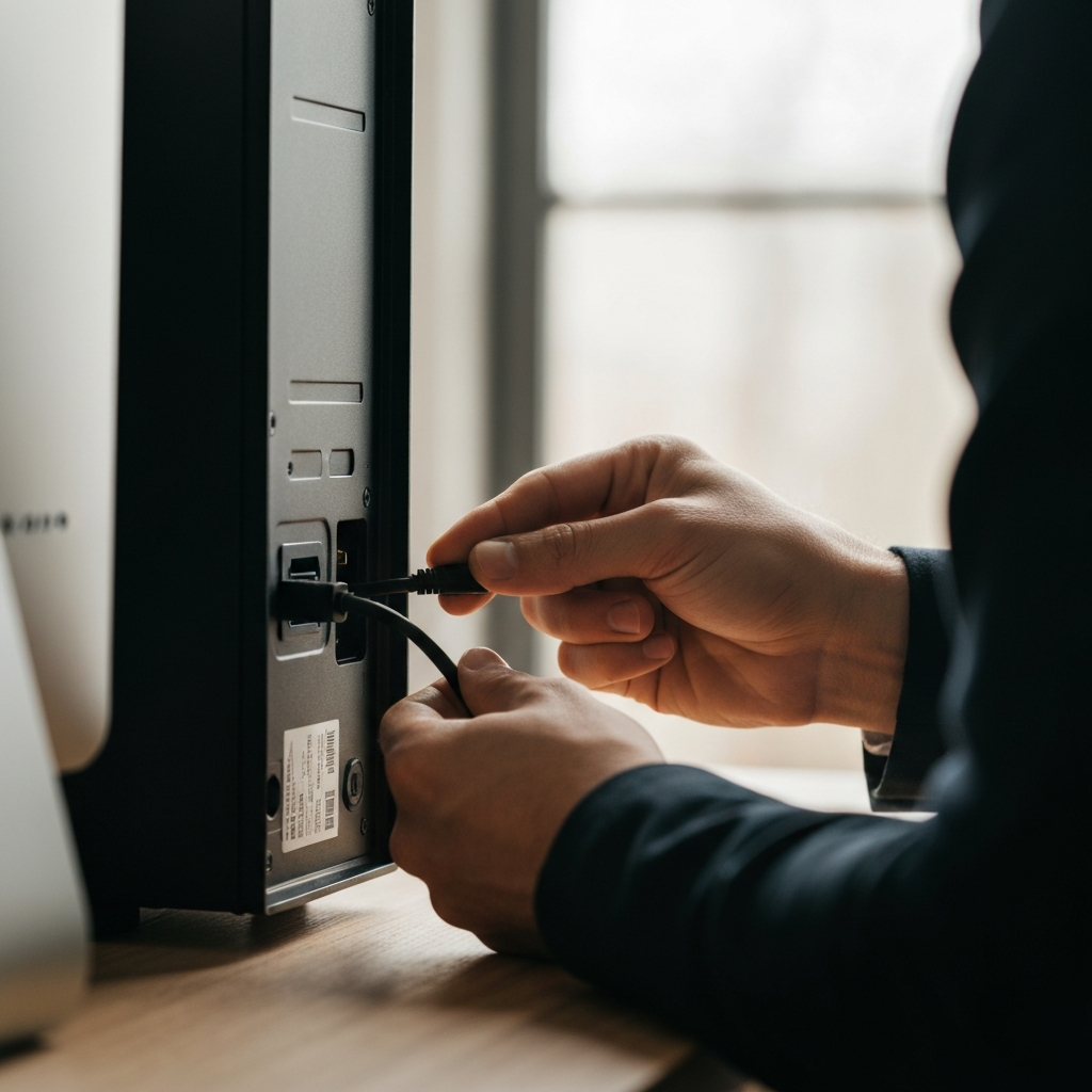 A person's hands checking the power cable connection on the back of a desktop computer, warm indoor lighting, focused on the port and cable.