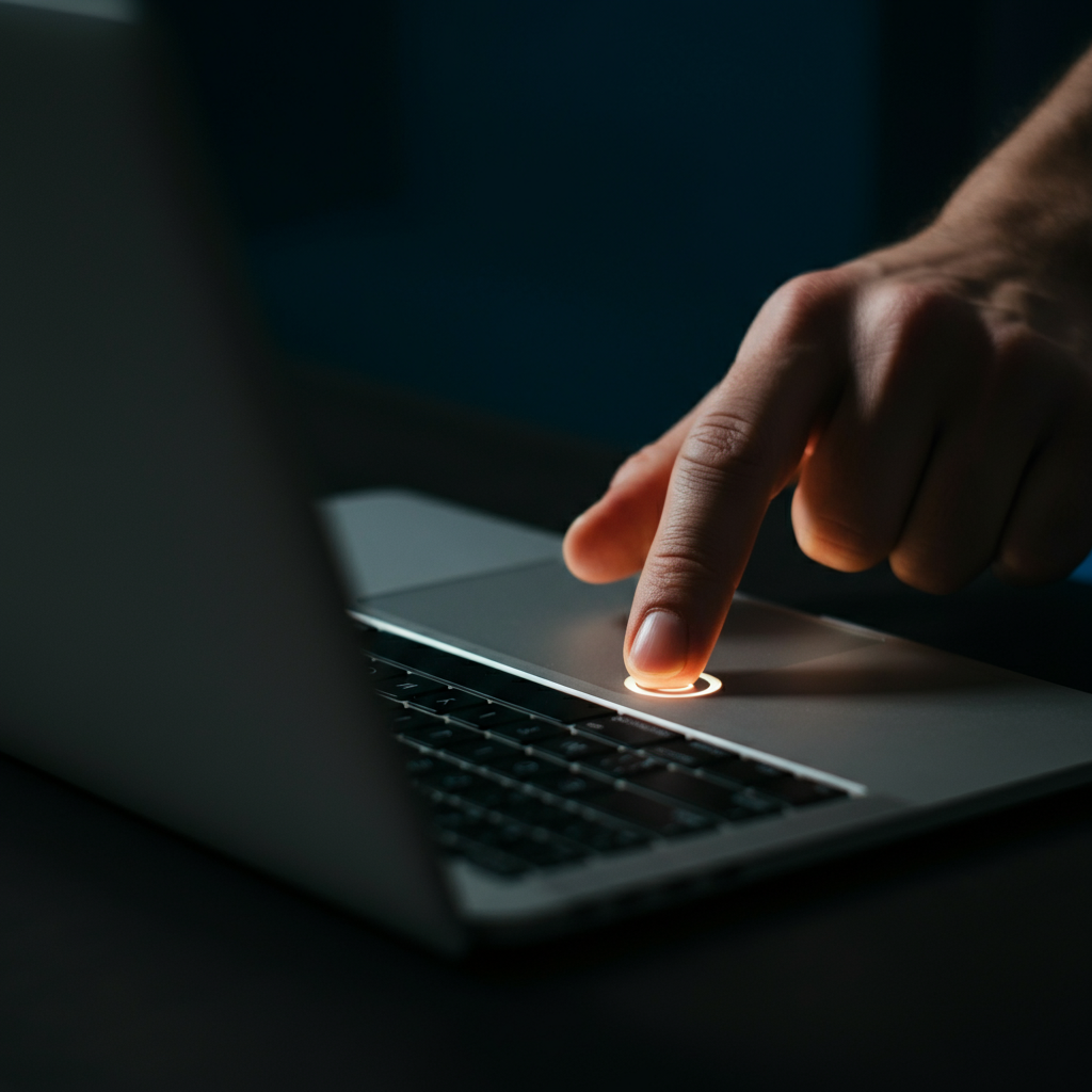 A hand pressing the power button on a laptop, soft focus on the illuminated button, dimly lit room.