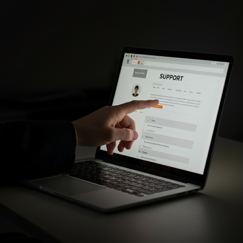 An open laptop displaying a support article on a website, with a hand pointing to a specific section of the text, bright screen illumination, blurred background.