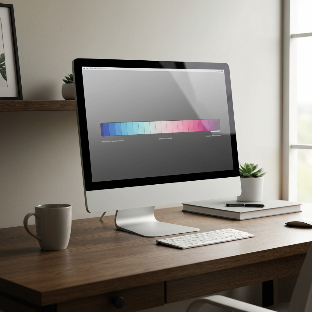 A computer screen displaying a software update progress bar, soft ambient lighting, clean desk environment.