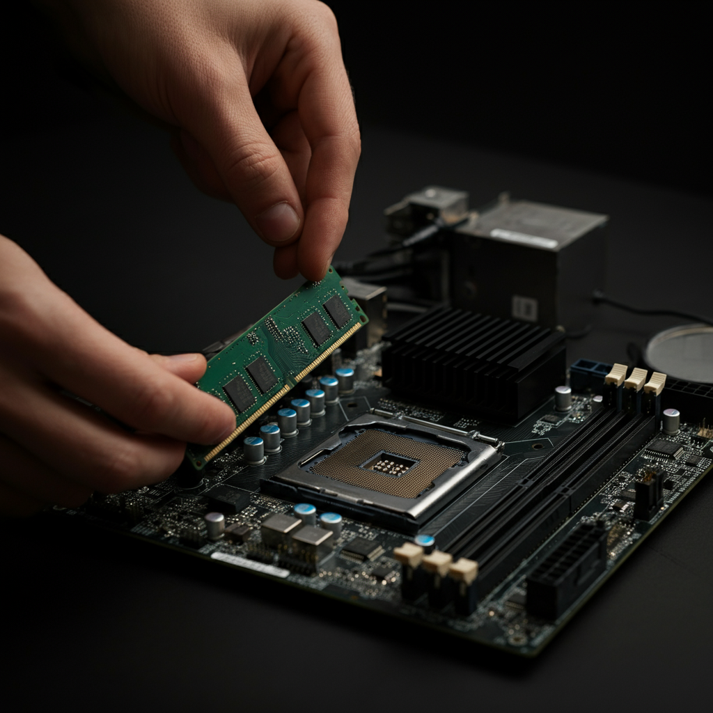 A person carefully removing a RAM module from a computer motherboard, good lighting to show detail, ESD wrist strap visible.