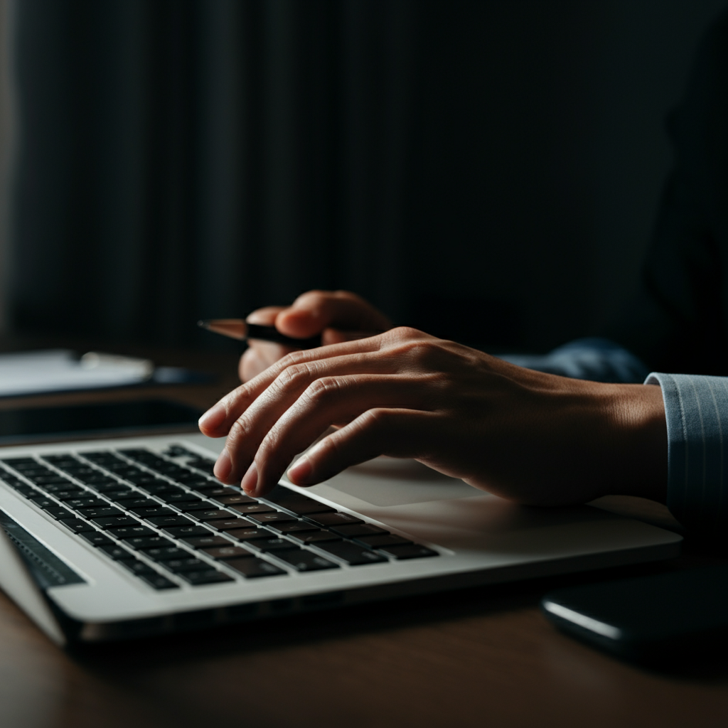 Close-up shot of a hand entering data into a spreadsheet on a laptop. The scene is well-lit with natural light coming from a window. Focus is on the numbers on the screen and the keyboard. Soft bokeh in the background shows a tidy office space.