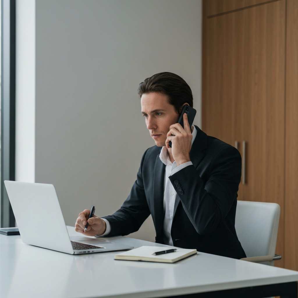 A person in business attire on the phone, engaged in a serious negotiation. They are sitting at a clean desk with a laptop and notepad. The lighting is professional and even, highlighting their focused expression.