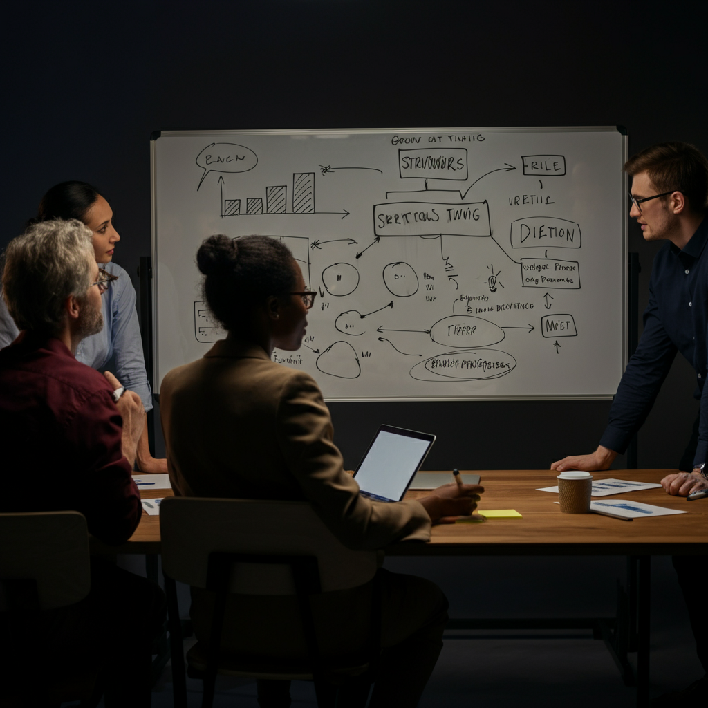 A diverse group of people collaborating around a table, looking at a whiteboard filled with ideas and diagrams. The lighting is bright and collaborative, highlighting the positive energy of the brainstorming session. Everyone is wearing professional attire.