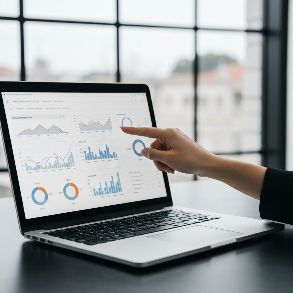 A laptop displaying marketing analytics data, with charts and graphs showing campaign performance. The lighting is soft and professional, highlighting the data on the screen. A hand is pointing to a specific chart, indicating analysis.