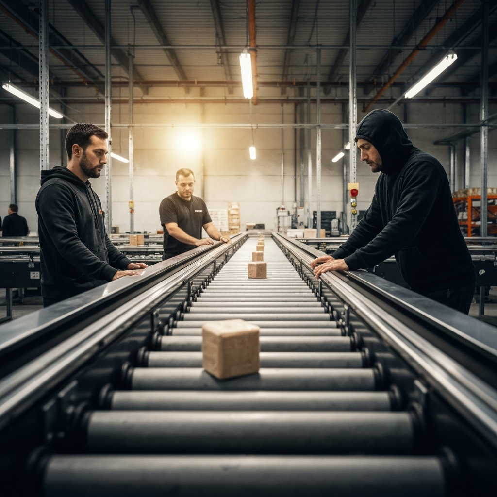 A warehouse setting with automated conveyor belts moving products efficiently. The lighting is industrial and bright, highlighting the smooth operation of the machinery. Workers are overseeing the process in a focused and professional manner.