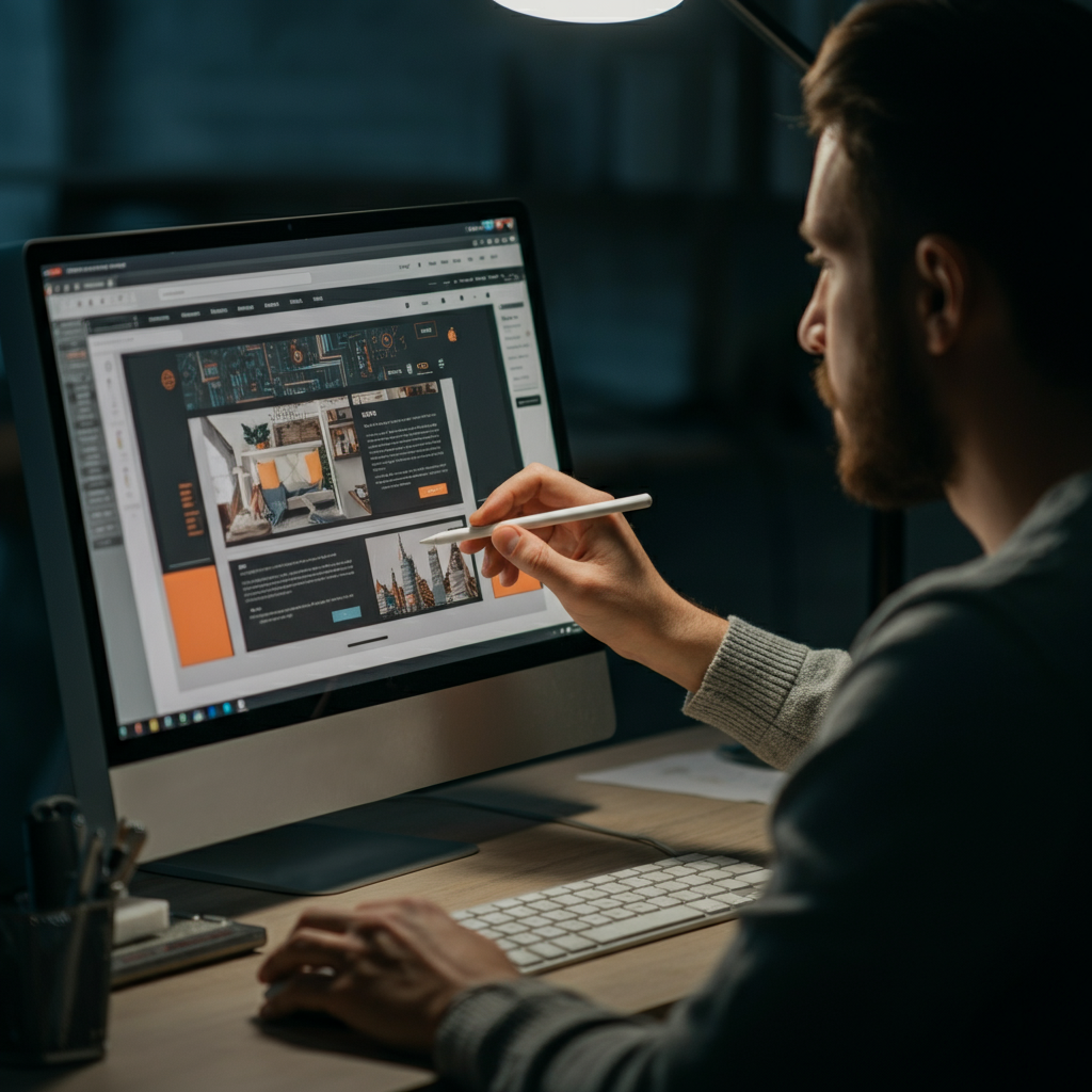 A person working on a website design on a large computer monitor. The lighting is focused and professional, highlighting the intricate details of the web design. The background is blurred, suggesting a dedicated workspace.