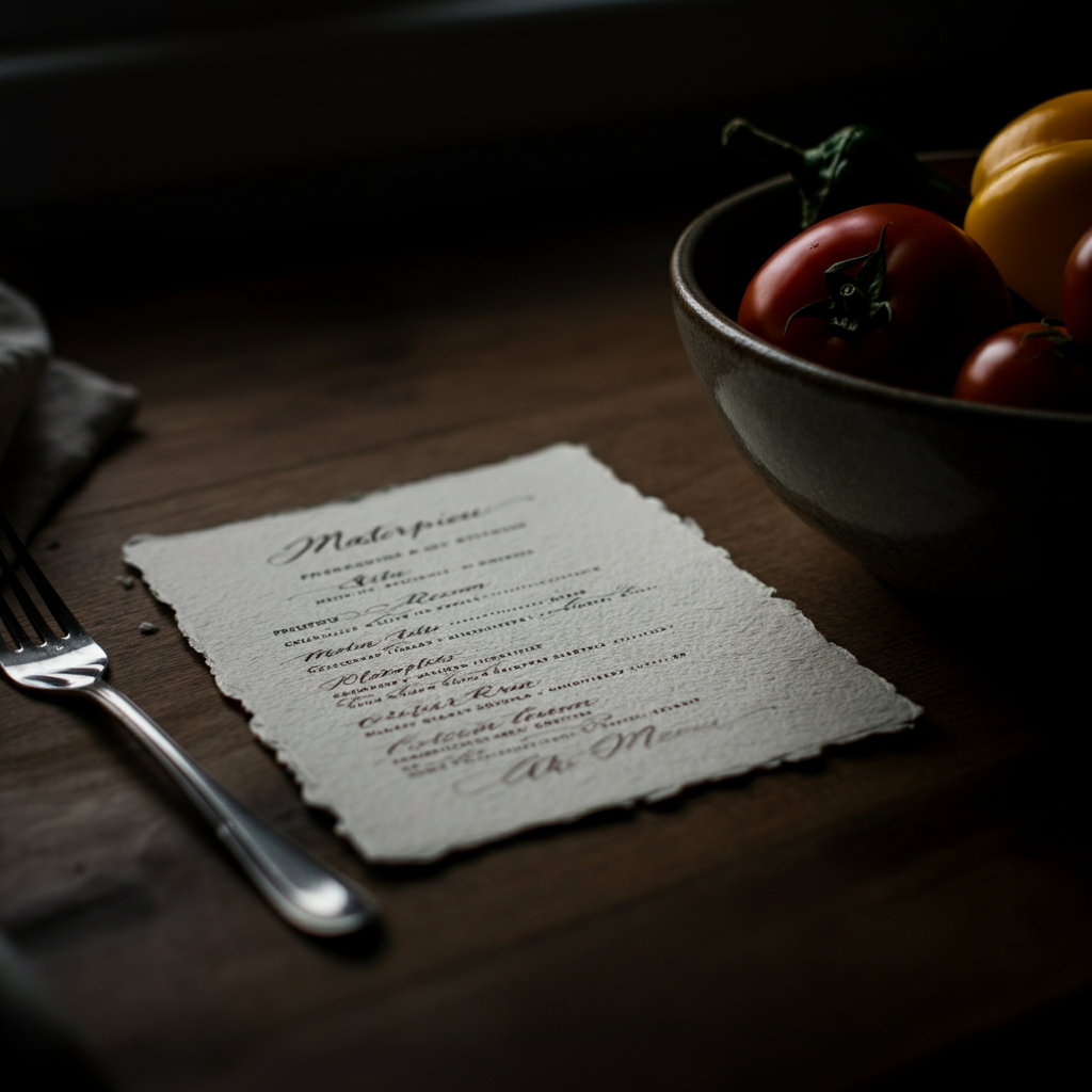 A close-up shot of a handwritten menu on rustic paper, placed next to a bowl of colorful vegetables. Soft, natural lighting from a nearby window highlights the textures of the paper and produce.