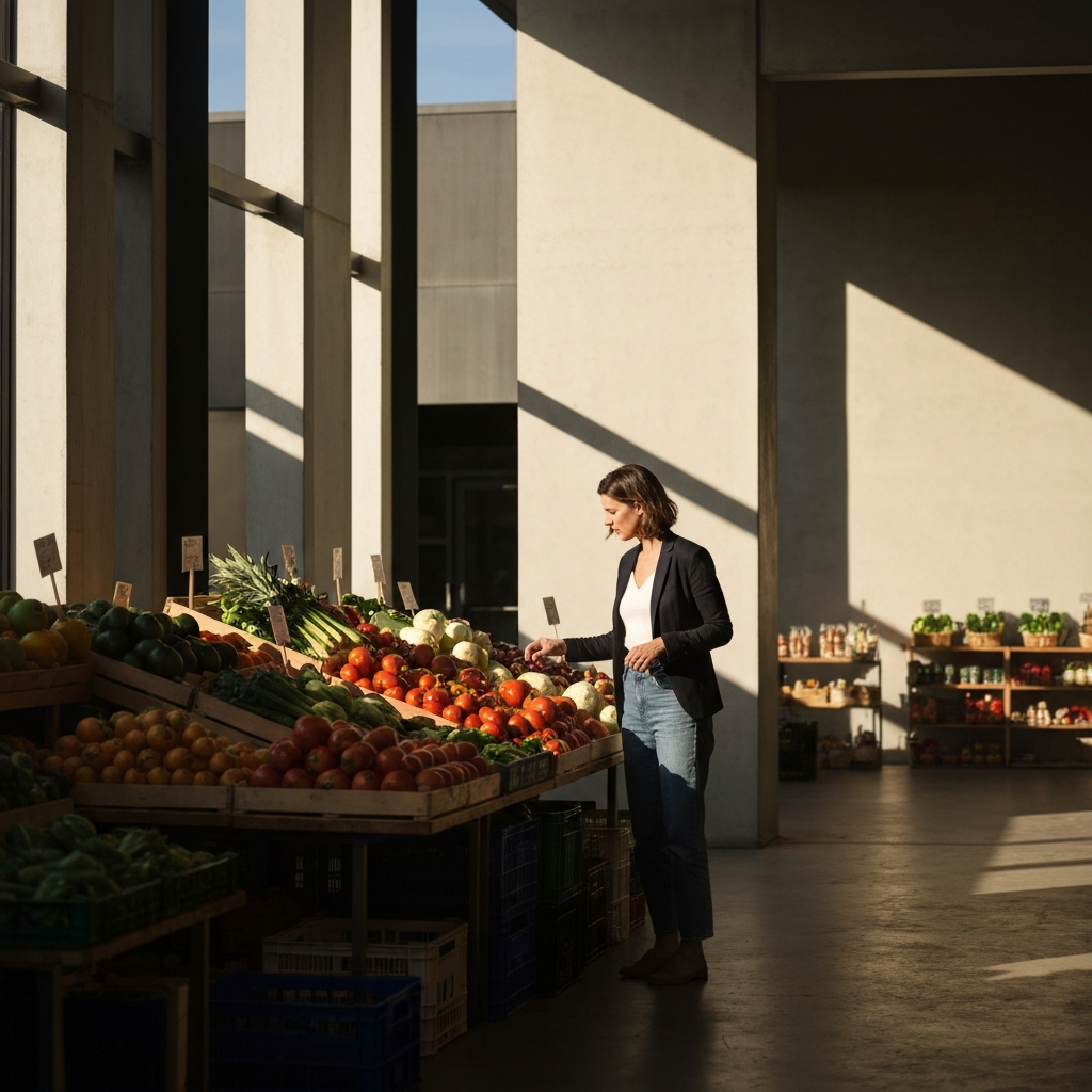 A woman in a casual outfit is browsing fresh produce at a farmers market. Golden hour lighting filters through the market stalls, creating long shadows and highlighting the vibrant colors of the fruits and vegetables.