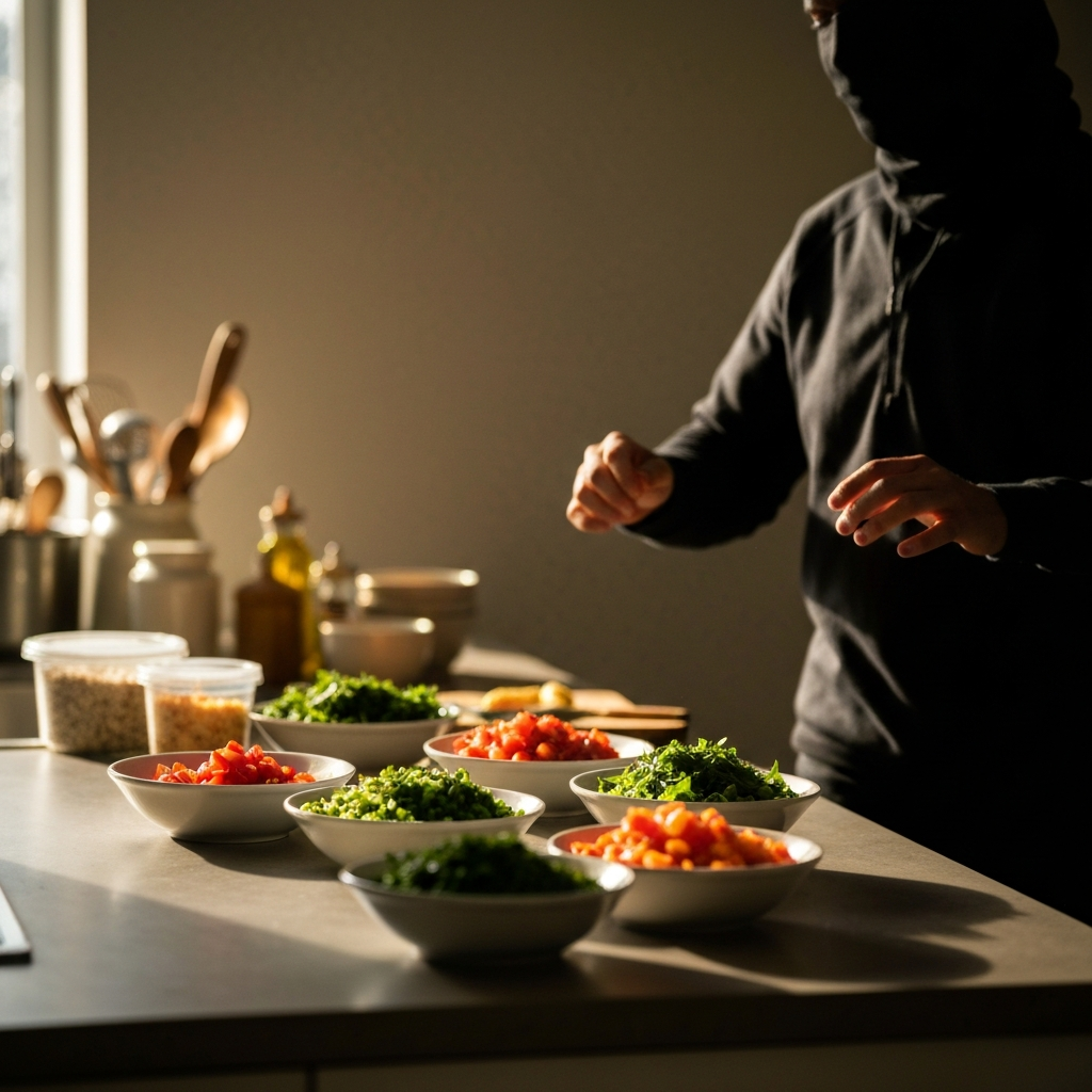 A brightly lit kitchen counter with neatly arranged bowls of chopped vegetables and herbs. Soft bokeh in the background shows various containers and kitchen tools.