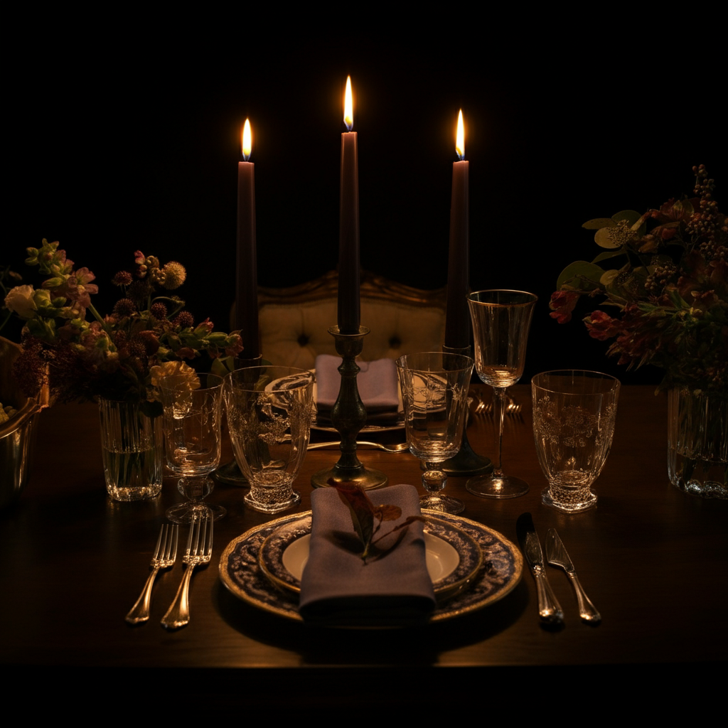 A dining table set for a dinner party. Soft candlelight illuminates the table, casting warm shadows. The table is decorated with simple but elegant floral arrangements.