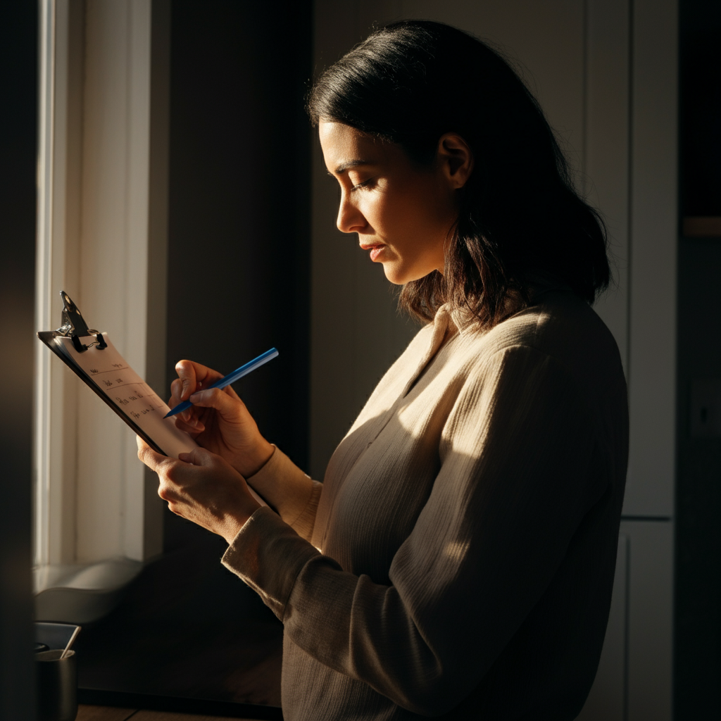 A woman checking a handwritten schedule on a clipboard in a home kitchen. Sunlight streams through the window, casting a warm glow on her face.