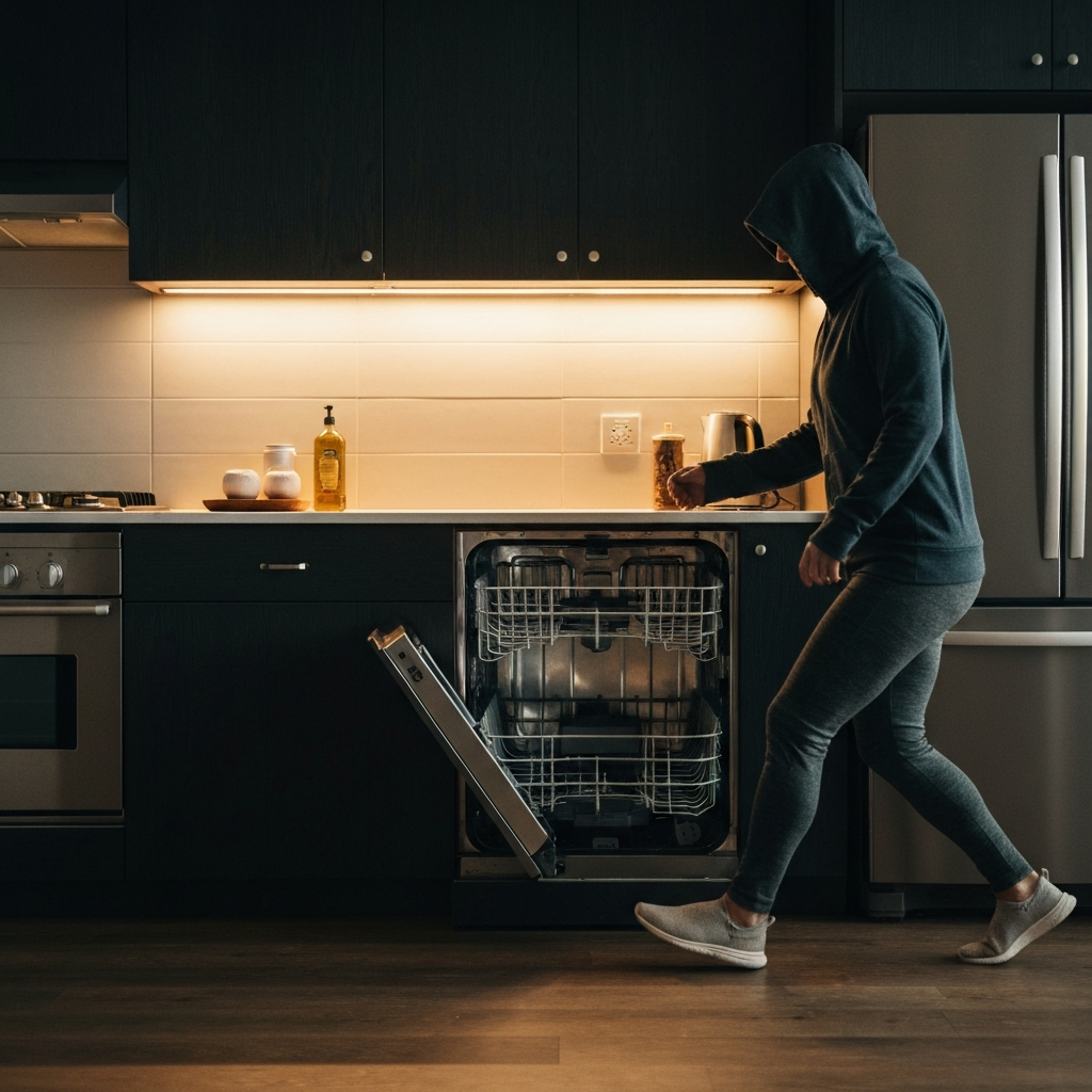 A modern kitchen with a partially loaded dishwasher. Warm light from the overhead fixtures shines on the stainless steel appliances.